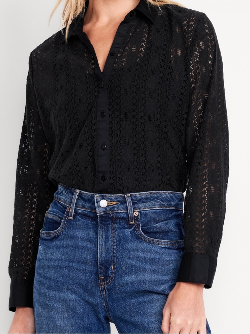 Black Lace Button-Down Collared Blouse